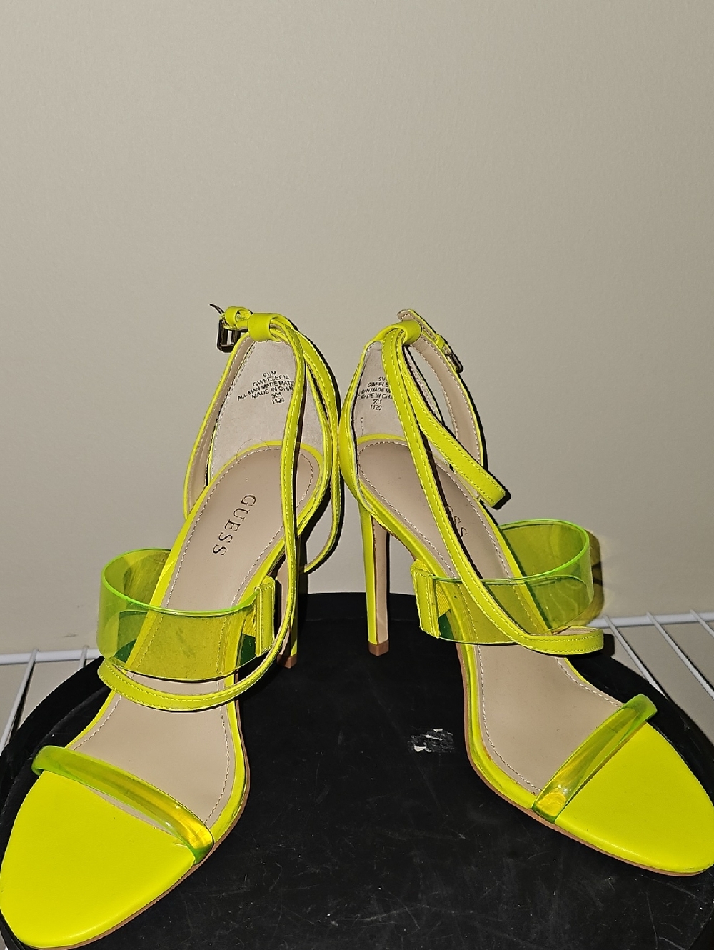 NWOB GUESS Neon Yellow Clear-Band Stiletto Sandals